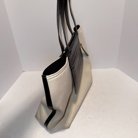 TOD´S Tasca Canvas & Croc Embossed Leather Tote Black & White Made in Italy - Picture 3 of 16